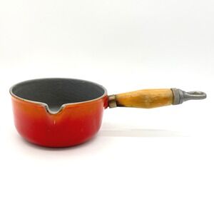 Vintage Le Creuset 14 Flame Orange Enamel Cast Iron Saucepan Wood Handle France